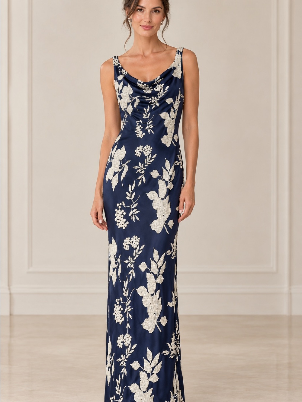 Navy and White Floral Cowl Neck Maxi Dress